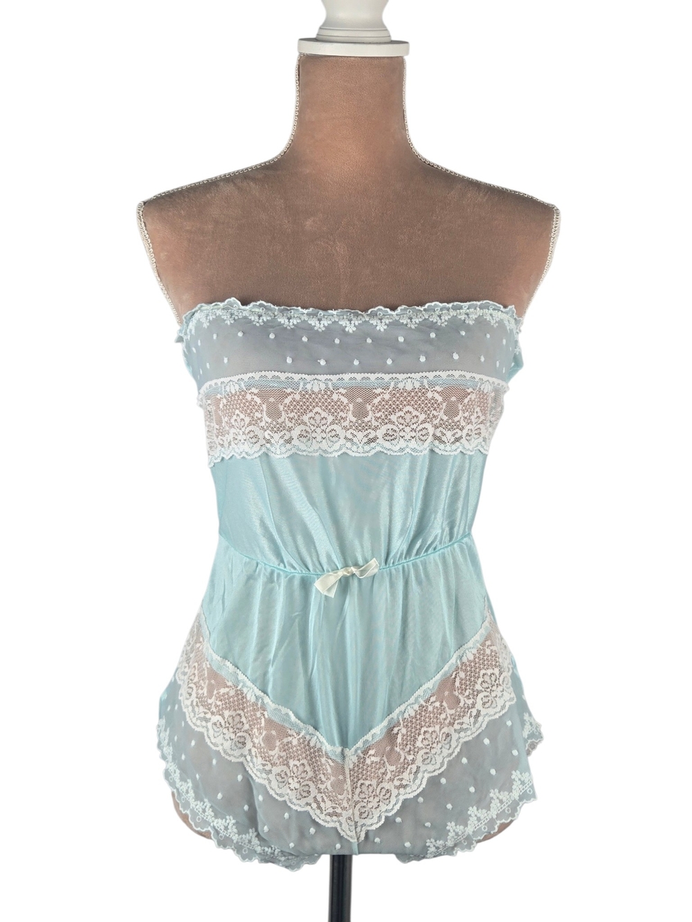 Sears Lace Trim Babydoll Teddy Vintage Polka Dot Tricot Light Blue XS